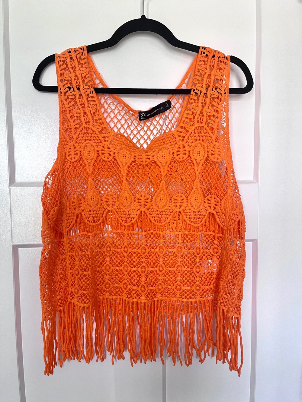 New York & Company Orange Crochet Tank with Fringe Detail